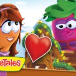 Cartoon VeggieTales scene: a girl character and a pink veggie with a heart between them, suggesting friendship or love in a snowy background.