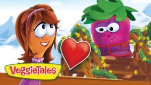 Cartoon VeggieTales scene: a girl character and a pink veggie with a heart between them, suggesting friendship or love in a snowy background.