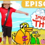 Smiling kid in red shirt and hat on a cartoon beach background with ducks; 'Imagine That!' logo and yellow 'EPISODE' banner
