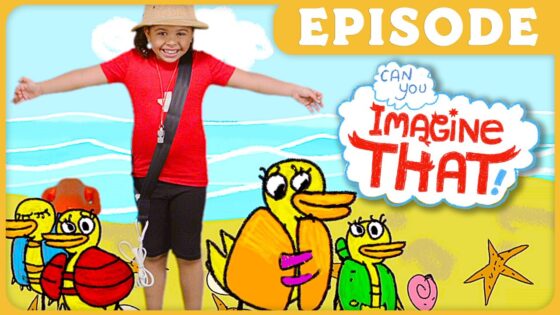 Smiling kid in red shirt and hat on a cartoon beach background with ducks; 'Imagine That!' logo and yellow 'EPISODE' banner