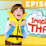 Excited boy in a yellow life vest on a cartoon beach, with an 'EPISODE' banner and 'Imagine That!' speech bubble.