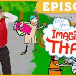 Episode thumbnail: cheerful boy in a red vest and bow tie with cartoon characters and a 'Can you Imagine That!' speech bubble in bright colors.
