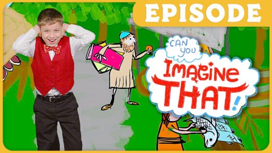 Episode thumbnail: cheerful boy in a red vest and bow tie with cartoon characters and a 'Can you Imagine That!' speech bubble in bright colors.