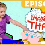 Thumbnail for a kids' episode: a young girl in purple scrubs points at a cartoon 'Imagine That!' character, with an Episode banner at the top.