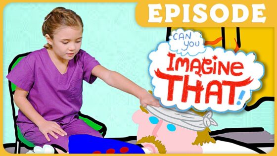 Thumbnail for a kids' episode: a young girl in purple scrubs points at a cartoon 'Imagine That!' character, with an Episode banner at the top.