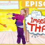 Episode thumbnail: a young girl reaches toward a pirate-doll on a bright yellow stage, with 'Imagine That' in a comic speech bubble