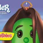 VeggieTales banner featuring Esther, a green veggie with brown hair and a crown, with the title 'Esther The Girl Who Became Queen' against a blue sky background.