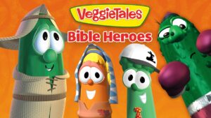 VeggieTales Bible Heroes cover featuring four animated vegetable characters against an orange background.