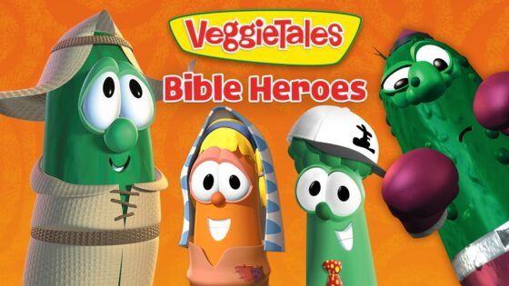 VeggieTales Bible Heroes cover featuring four animated vegetable characters against an orange background.