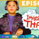 Child wearing headphones points at a colorful control panel with a speech bubble reading 'Imagine That!' and 'Episode' banner above (kids' show thumbnail).