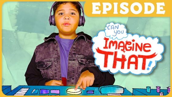 Child wearing headphones points at a colorful control panel with a speech bubble reading 'Imagine That!' and 'Episode' banner above (kids' show thumbnail).