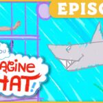 Child wearing goggles stands inside a purple cage-like frame on a bright blue background, reaching toward a cartoon shark as bold 'Imagine That!' text appears in a cloud banner at left.