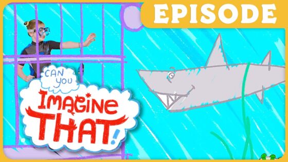 Child wearing goggles stands inside a purple cage-like frame on a bright blue background, reaching toward a cartoon shark as bold 'Imagine That!' text appears in a cloud banner at left.