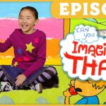 Smiling girl in a purple sweater sits on a bright, illustrated backdrop with a cloud-shaped 'Imagine That!' bubble and an 'EPISODE' banner above.