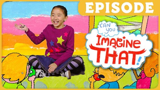 Smiling girl in a purple sweater sits on a bright, illustrated backdrop with a cloud-shaped 'Imagine That!' bubble and an 'EPISODE' banner above.