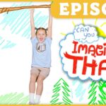 Child on a swing from a drawn tree in a bright doodle scene with 'Imagine That!' cloud caption and an 'EPISODE' banner above. Example thumbnail for a kids' show episode.