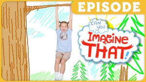 Child on a swing from a drawn tree in a bright doodle scene with 'Imagine That!' cloud caption and an 'EPISODE' banner above. Example thumbnail for a kids' show episode.