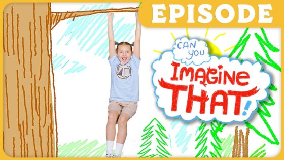 Child on a swing from a drawn tree in a bright doodle scene with 'Imagine That!' cloud caption and an 'EPISODE' banner above. Example thumbnail for a kids' show episode.