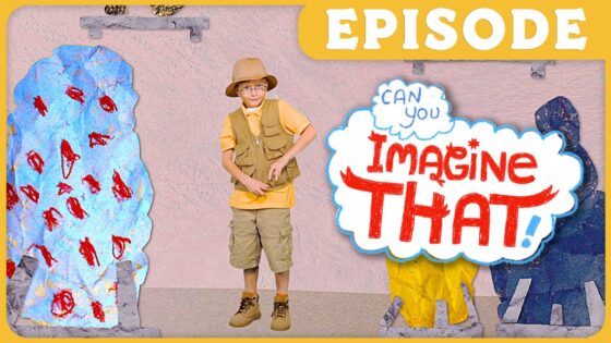 Young boy dressed as an explorer stands among colorful painted rocks and shapes with a comic-style 'Imagine That!' bubble and an episode banner above.