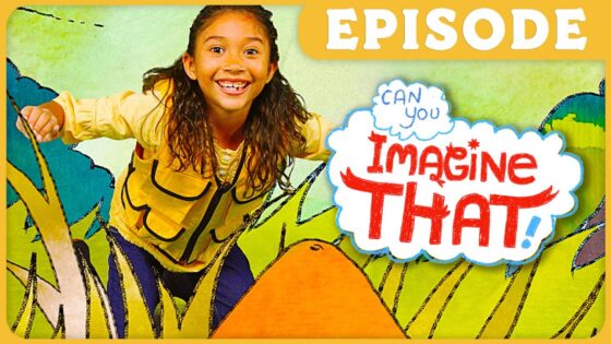 Smiling girl in a yellow shirt on a colorful cartoon set with a large 'Imagine That!' logo and an 'EPISODE' banner above.