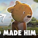 Cartoon teddy bear with a white outline on a pastoral background, overlaid with the bold text 'GOD MADE HIM' and a Brave+ badge in the corner.