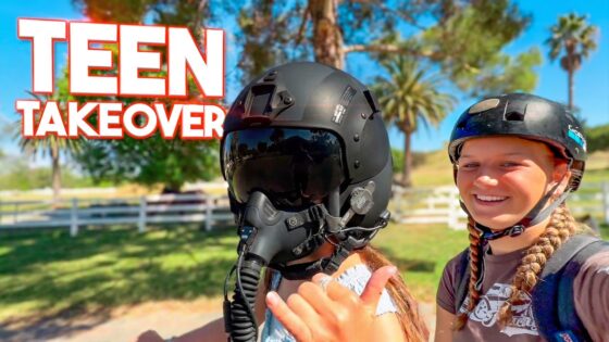 Thumbnail: two girls outdoors; one wears a black helmet with a full-face gas mask, the other smiles, with bold red 'TEEN TAKEOVER' text.