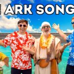 Four people (including a costumed monkey) in Hawaiian shirts strike poses by turquoise water, with 'THE ARK SONG' title overhead at a sunny beach.