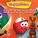 VeggieTales characters—a purple veggie wearing a hat, a red tomato, and a bunny—standing on a metal ramp with a 'Resist Temptation' banner.
