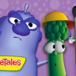 Three VeggieTales characters—a purple blob, a broccoli, and a tall green veggie—pose together with the VeggieTales logo on a purple dotted background.