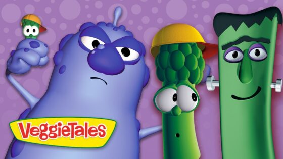 Three VeggieTales characters—a purple blob, a broccoli, and a tall green veggie—pose together with the VeggieTales logo on a purple dotted background.
