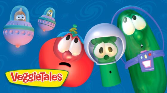 Red tomato and green cucumber wearing space helmets float in a blue background with the VeggieTales logo in the corner.