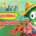 VeggieTales scene with a green veggie character wearing a straw hat and a pig in a bright flower field, promoting 'The Prodigal Son'.