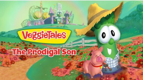 VeggieTales scene with a green veggie character wearing a straw hat and a pig in a bright flower field, promoting 'The Prodigal Son'.