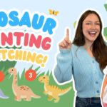 Smiling woman and girl next to a colorful dinosaur counting banner with three numbered dinosaurs for a kids' game.