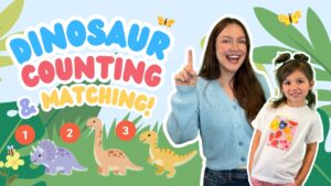 Smiling woman and girl next to a colorful dinosaur counting banner with three numbered dinosaurs for a kids' game.