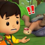 Young boy in a yellow shirt looks worried as a turtle lies on its back in a forest, with red exclamation marks nearby.