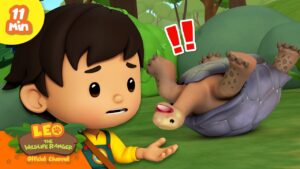 Young boy in a yellow shirt looks worried as a turtle lies on its back in a forest, with red exclamation marks nearby.