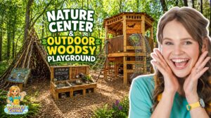 Smiling woman beside a wooden treehouse-style outdoor playground in a forest, with a mud kitchen and teepee.