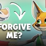 Cartoon giraffe and fox facing each other with bold 'FORGIVE ME?' text; Brave+ logo in the corner, forgiveness theme for kids.