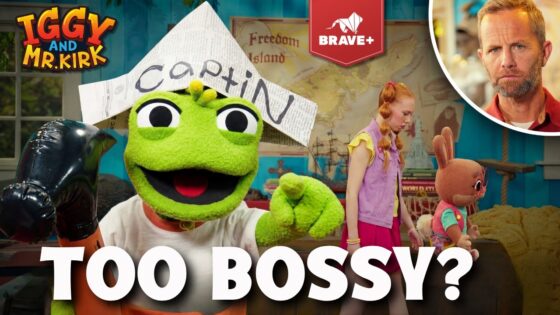 Thumbnail for a kids' show: green puppet with a newspaper hat labeled 'CAPIN' points at the camera, with a girl and a plush bunny in a colorful set; bold 'TOO BOSSY?' text and show logos in corners.