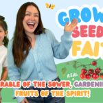 Two smiling hosts—a woman and a girl—in front of a colorful garden backdrop with the bold title 'GROWING SEEDS OF FAITH!' at the top.