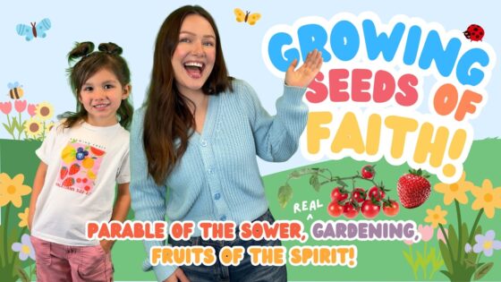 Two smiling hosts—a woman and a girl—in front of a colorful garden backdrop with the bold title 'GROWING SEEDS OF FAITH!' at the top.