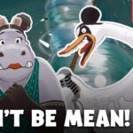 Cartoon hippo and a swan facing off in a bold, poster-style image with the caption 'DON'T BE MEAN!' and a Brave+ badge in the corner.