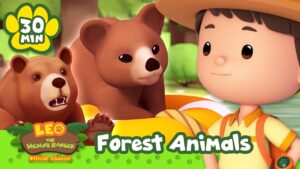 Cartoon boy explorer with two brown bears in a forest; thumbnail for Leo the Wildlife Ranger: Forest Animals.
