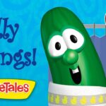 Promotional image for VeggieTales Silly Songs! featuring a smiling green cucumber character and a blue background with a 60 mins badge.