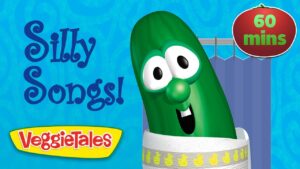 Promotional image for VeggieTales Silly Songs! featuring a smiling green cucumber character and a blue background with a 60 mins badge.