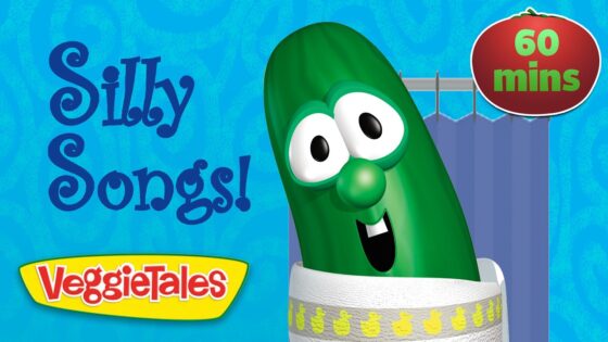 Promotional image for VeggieTales Silly Songs! featuring a smiling green cucumber character and a blue background with a 60 mins badge.