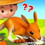 Young cartoon boy with a yellow hat peers over a bright lime fence at an orange kangaroo crouching among daisies, with question marks above.