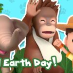Cartoon elephant, monkey, and child celebrate World Earth Day in a bright thumbnail for a kids' video channel.