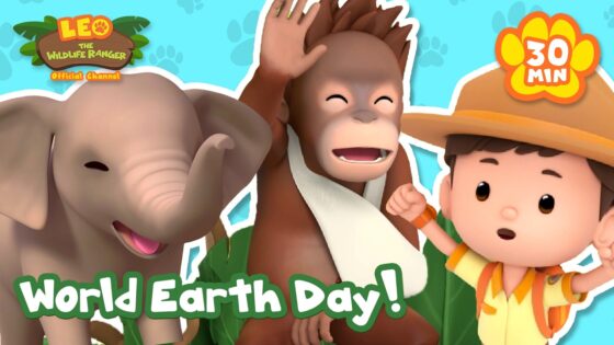 Cartoon elephant, monkey, and child celebrate World Earth Day in a bright thumbnail for a kids' video channel.